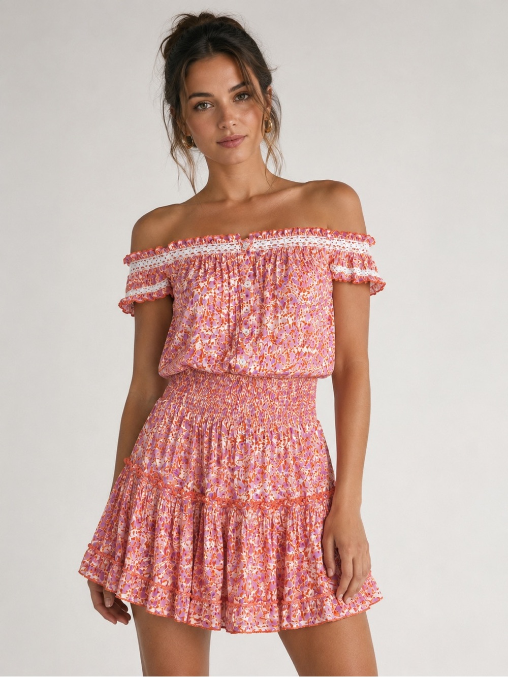 Poupette St. Barth Alba Orange Ocean Flowers Off Shoulder Mini Dress NWT M